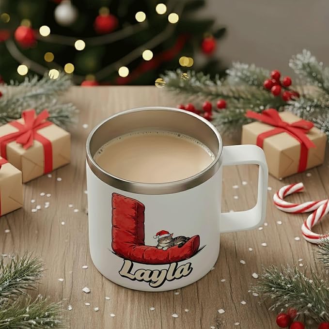 JugJug Personalized Christmas Cat Mug with Initial & Name - Funny Grumpy 12oz Insulated Coffee Cup with Lid - Xmas Gifts for Cat Lovers, Women, Girls (B179) - Bloomnest