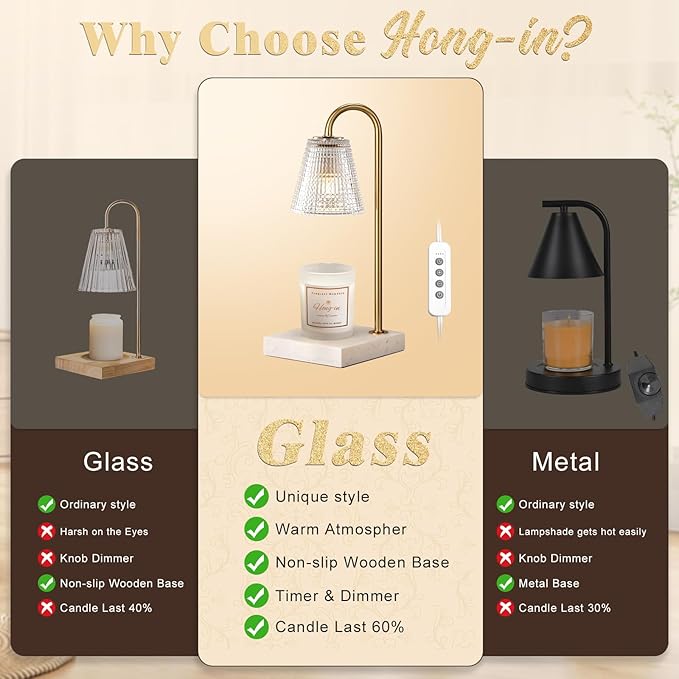 Hong-in Modern Gold and Marble Candle Warmer Lamp with Textured Glass Shade, Elegant Candle Lamp for Bedroom Living Room Kitchen, Luxury Home Decor Accent Lamp,Birthday Gift for Women