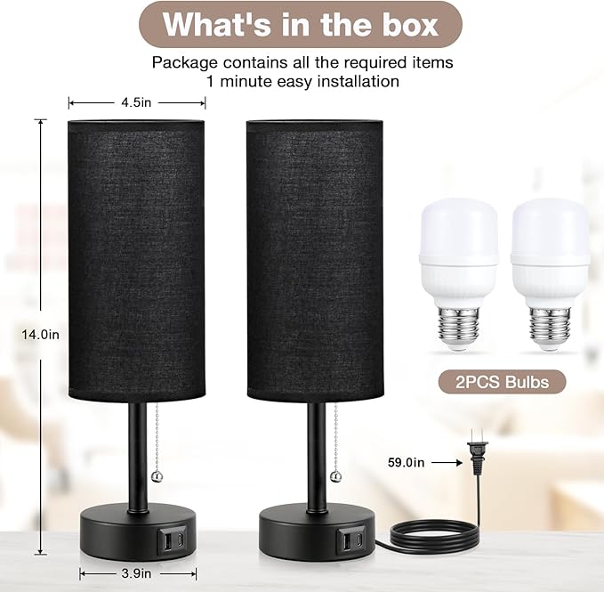 Black Bedside Lamps for Bedroom Set of 2 - Nightstand Table Lamp with USB Charging Port, Pull Chain Night Stand Light, Side Table Desk Reading Lamp for Living Room/Dorm/Bathroom/Kitchen - Bloomnest