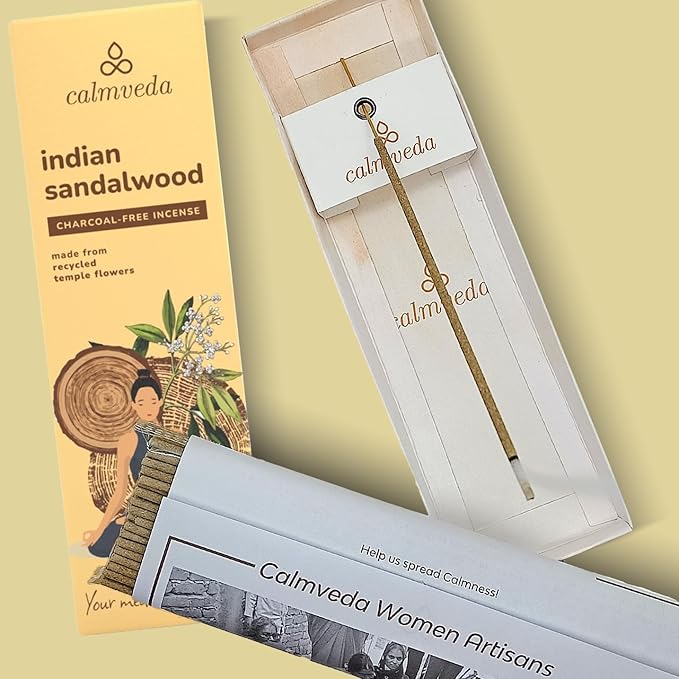 Indian Sandalwood Incense Sticks - 80 Sticks, Charcoal Free, Upcycled Flowers, All Natural, Non Toxic, Meditation & Stress Relief