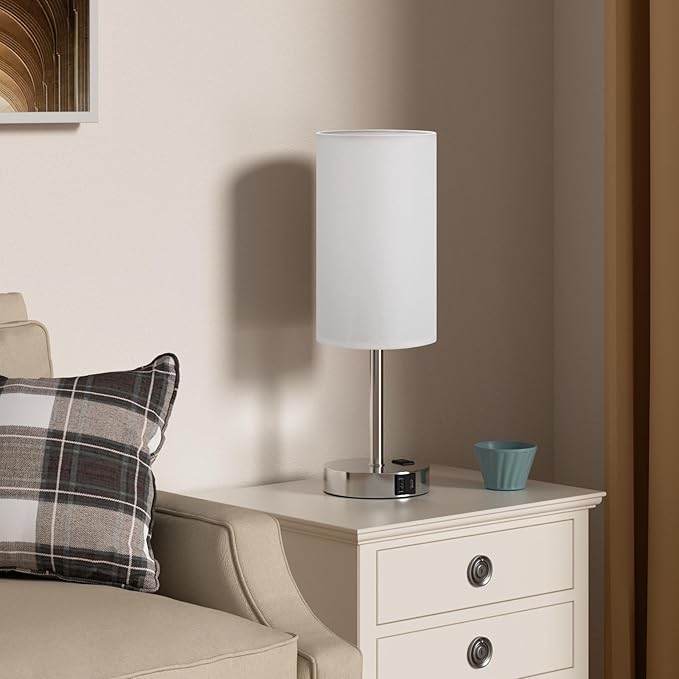 17.4Inch Bedside Touch Table Lamps for Bedroom - Tall Nightstand Lamp with USB-C USB-A Charging Ports White - 3 Way Dimmable Small Desk Lamp for Office, Dorm Room, Living Room, Reading - Bloomnest