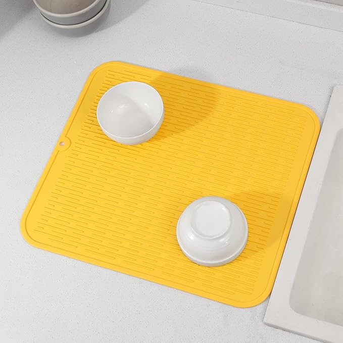 Silicone Dish Drying Mat for Multiple Usage,Easy clean,Eco-friendly,Heat-resistant Silicone Mat for Kitchen Counter or Sink,Refrigerator or Drawer Liner Yellow 2XL 24 inches x 18 inches - Bloomnest