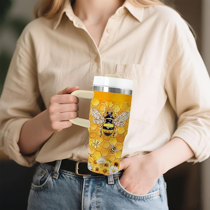 14oz Bee Tumbler with Handle, Stainless Steel Insulated Cup with Lid and Straw Personalized 14 OZ Bee Tumblers Gifts for Women Men - Bloomnest