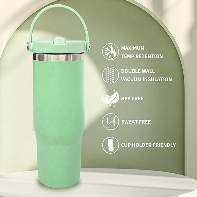 30 oz Tumbler with Top Handle, Double Wall Vacuum Insulated Tumbler with Flip Straw, Travel Coffee Mug 30oz Powder Coated Cup for Laser Engraving (Green,1 pack)