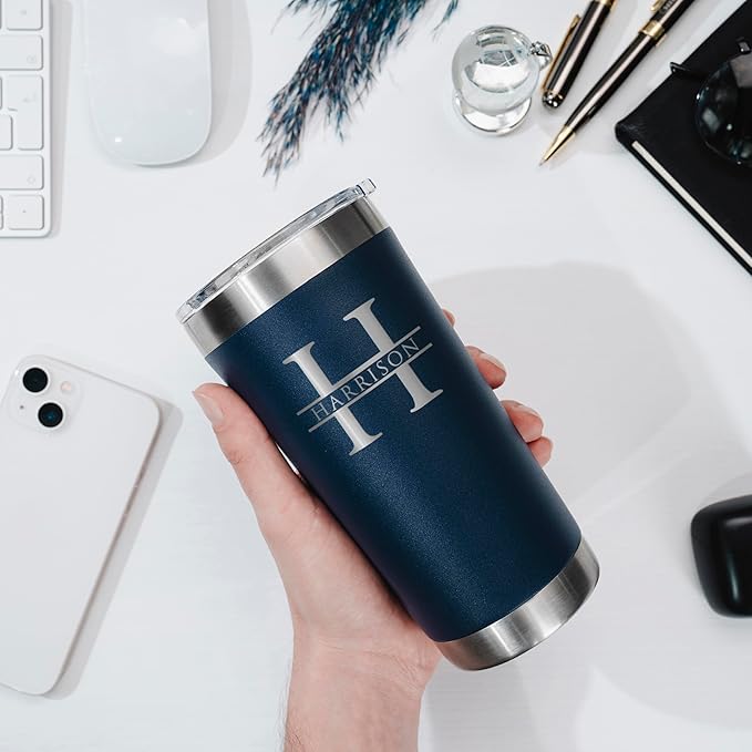 Personalized Tumbler with Engraved Name - 12 Designs, 30 Oz Coffee Tumbler with Slider Lid, Navy Blue, Double Wall Insulated - Custom Gifts for Men & Women - Bloomnest