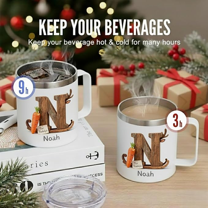 Personalized Christmas Coffee Mug with Custom Name & Reindeer Initial - 14oz Insulated Stainless Steel Tumbler with Handle & Lid - Rustic Rudolph Design, Unique Holiday Gift for Family (B60) - Bloomnest