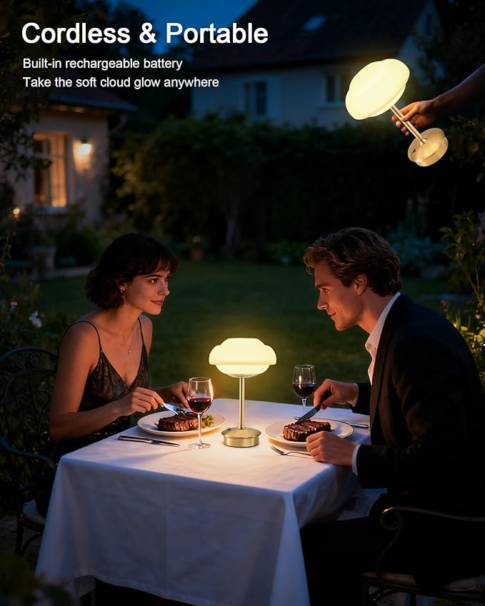 9" Mini Cordless Table Lamp with Cloud-Shaped, Small Rechargeable Battery Operated Lamps, 3-Way Touch Dimmer, Portable Brass Bedside Night Light for Restaurant Dining Kitchen Bathroom Patio Side Table - Bloomnest