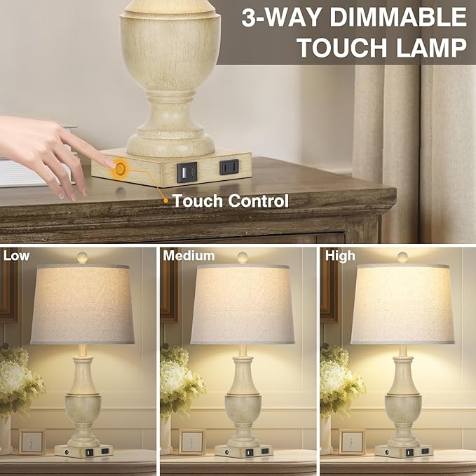 Farmhouse Lamps Set of 2, Vintage Rustic 3-Way Dimmable Touch Control Table Lamp with USB A+C Charging Ports & AC Outlet, Retro Resin Bedside Lamp Linen Shade for Bedroom Office Antique White - Bloomnest