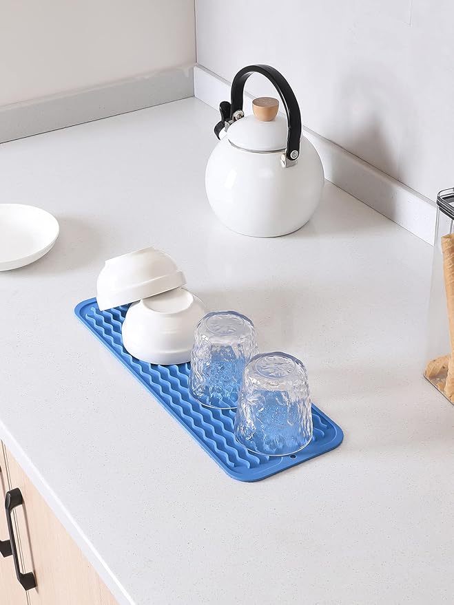 Silicone Dish Drying Mat for Multiple Usage,Easy clean,Eco-friendly,Heat-resistant Silicone Mat for Kitchen Counter,Sink,Bar,Bottle,or Cup Lichen Blue M 17 inches x 6 inches - Bloomnest