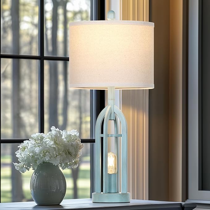 27" Industrial Farmhouse Table Lamp,Vintage Rustic Blue Beside Lamp with USB A+C Charging Ports & AC Outlet, Metal Nightstand Lamp with LED Night Light for Bedrooms (2 LED Bulbs Included) - Bloomnest