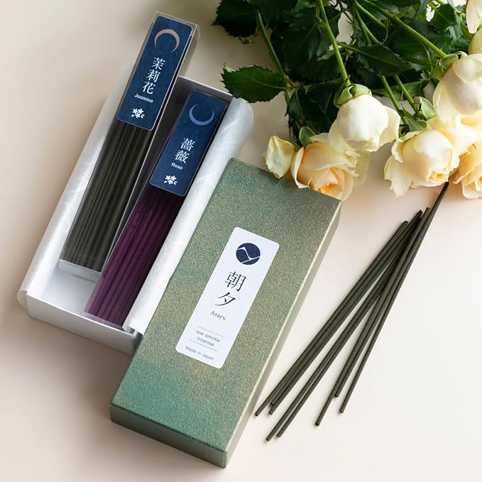Asayu Japan Low Smoke Incense Gift Set with Incense Holder and Brass Stand, Floral Set (Jasmine & Rose) Incense Sticks with Mini Nature Aquamarine Incense Holder - Bloomnest