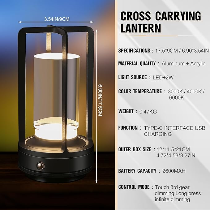 Portable Metal Table Lamp,Cordless Table Lamp, Rechargeable Battery Operated Lights, LED Table Lamps, 3 Color Stepless Dimming Touch, for Bedroom Restaurant Home Outdoor (Black) - Bloomnest