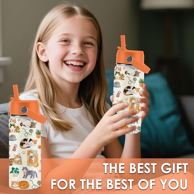 Cat Gifts for Kids - 16 Oz Orange Cat Water Bottle with Straw Lid, Stainless Steel Insulated Tumbler, Leak Proof, for Boys & Girls, School, Travel - Funny Cats Lovers Children Birthday Gifts Cups(1pc) - Bloomnest