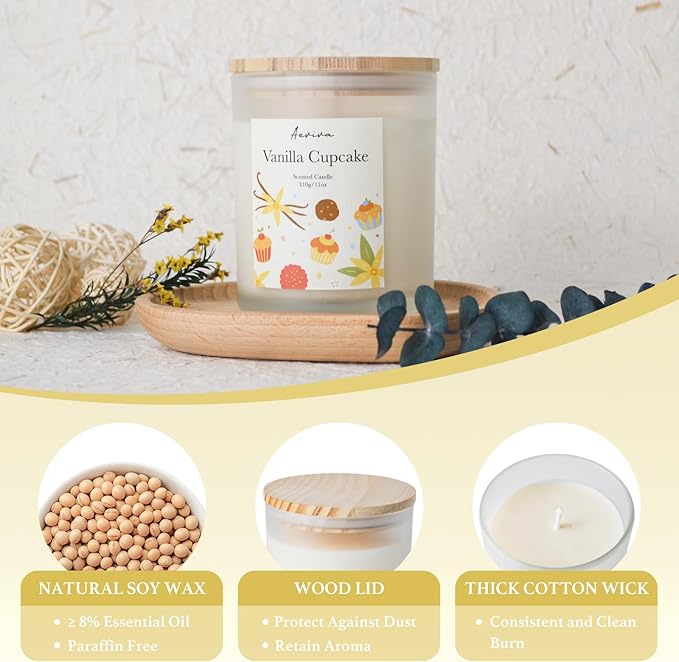 Vanilla Cupcake Scented Candle, 11oz 60 Hour Burn, Natural Soy Wax with Thick Cotton Wick, Highly Scented Aromatherapy Candle for Stress Relief & Meditation, Gifts for Women & Men - Bloomnest
