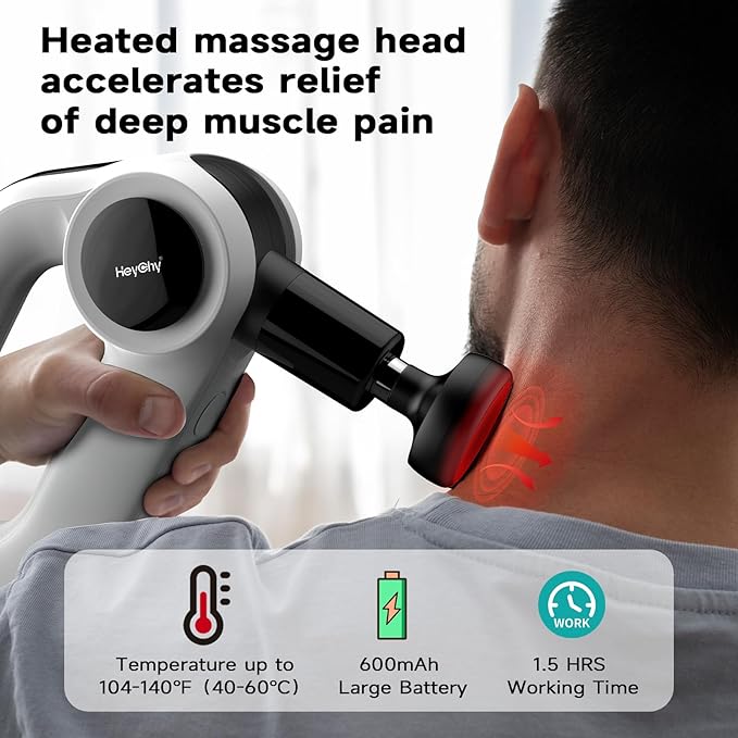 Deep Tissue Massage Gun with Heat, 12mm Amplitude Percussion Massager for Athletes & Muscle Relief, Professional Handheld Masssger Gun for Neck, Back, Shoulder, Leg, Gift for Men, Black - Bloomnest