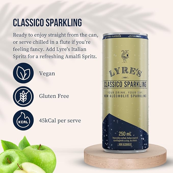 Lyre’s Classico 24-Pack, Non Alcoholic Sparkling Wine, Zero Alcohol Prosecco Alternative, Ready to Drink Canned Mocktails, Low Calorie, Gluten Free, Alcohol Free Drinks (8.45 Fl Oz x 24) LyresSpiritCo