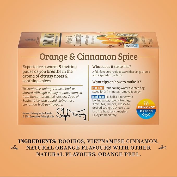 Twinings Orange & Cinnamon Spice Tea 2-Pack (20 Tea Bags Ea) – Naturally Caffeine-Free Sweet and Spicy Tea with Rooibos + Reusable Tea Bag Holder - Bloomnest