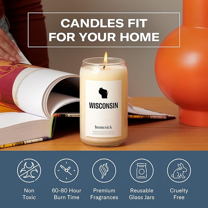 Homesick Scented Candles for Home (Wisconsin) - 13.75 oz Long-Lasting Soy Wax Jar Candle for Women & Men for All Occasions, 60-80 Hours Burn Time - Notes of Butter, Maple & Cranberry - Bloomnest