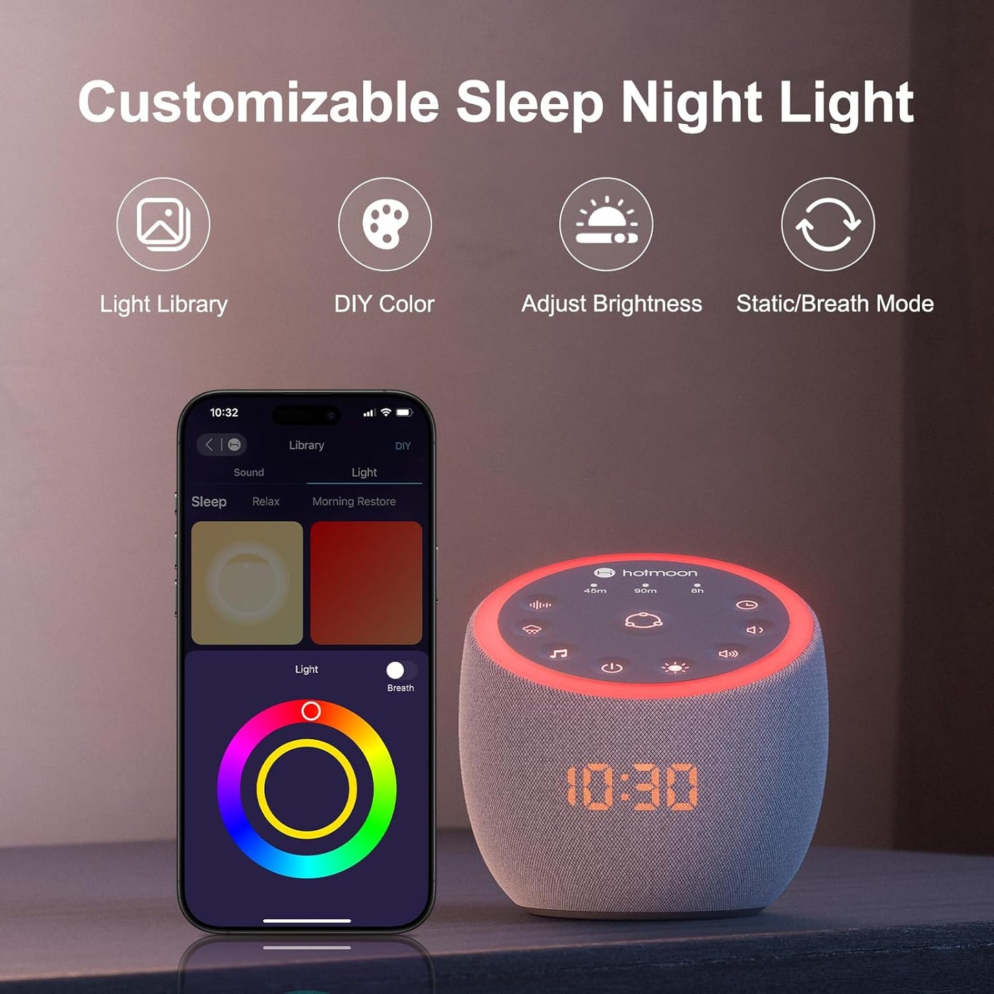 Hotmoon Cocoon Pro 2 Sound Machine 388 Soothing Sounds White Noise Machine for Babies & Adults, Smart Night Light, Sleeping Timer App Control, Brown Noise Pink Noise Block Out Office Yoga, Plug-in