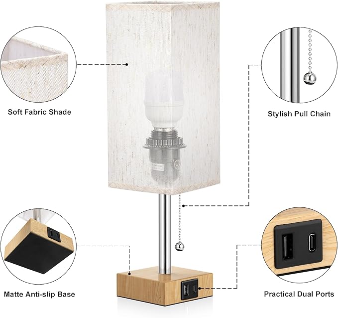 Wood Grain Bedside Table Lamps Set of 2 - Bedroom Lamps with 3 Color Temperatures (3000K/5000K/4000K), Square Nightstand Lamp with USB C + A Charging Ports - Bloomnest
