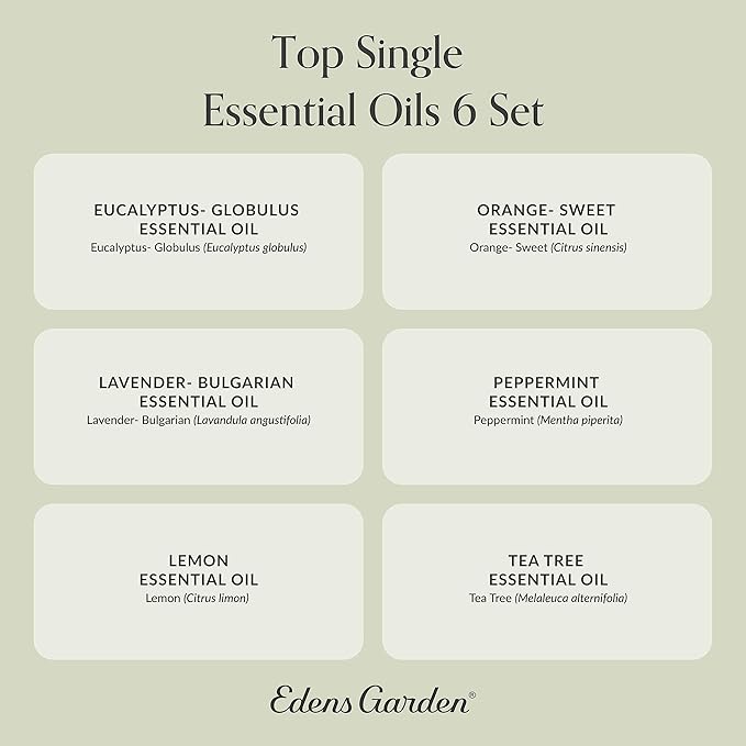 Edens Garden Top Essential Oils 6 Set – 100% Pure Therapeutic Grade, Undiluted: Lavender, Peppermint, Eucalyptus, Tea Tree, Lemongrass, Sweet Orange – Aromatherapy Oil for Diffusers, 10 ml/ 6 Pack - Bloomnest