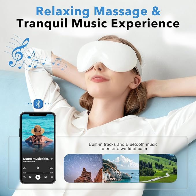 Eye Massager with Heat and Cooling for Migraines – 14 Massage Nodes for Eye Strain Relief, Rechargeable Bluetooth Music, Improve Sleep,Eye Strain Relief, Birthday Gifts for Women and Men(White) Bloomnest