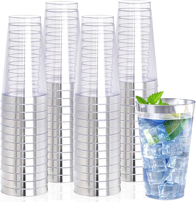 I00000 16 oz Silver Plastic Cups, 50 Pack Clear Plastic Cups,Silver Rimmed Disposable Cup, Heavy-duty Disposable Tumblers Perfect for Party, Holiday, Wedding & Birthday - Bloomnest