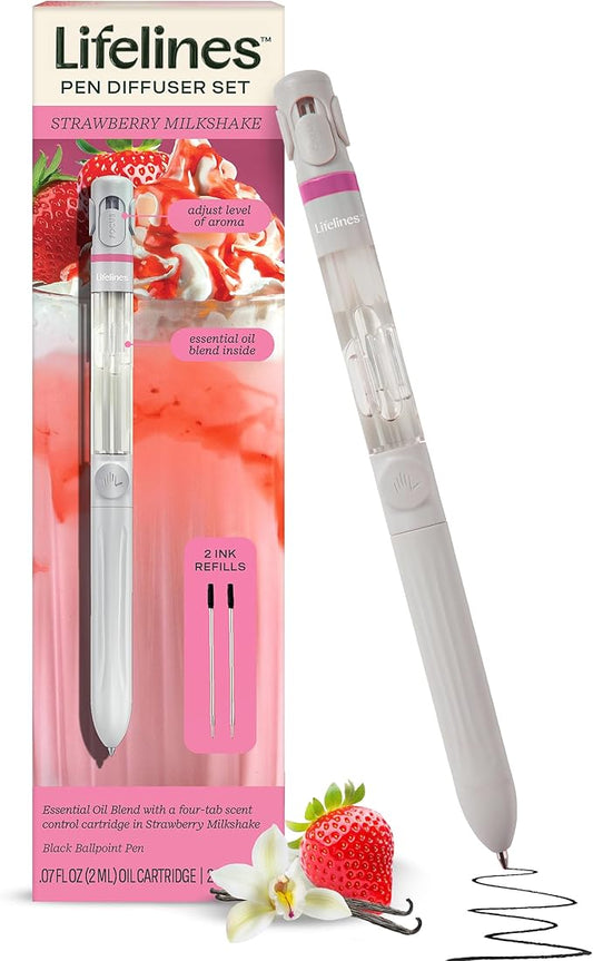 Lifelines Pen Diffuser Set, Strawberry Milkshake - 1mm Black Ballpoint Pen with Scented Essential Oil Blend & 2 Ink Refills – Aromatherapy Diffuser & Sensory Immersion Diffuse Aroma As You Write - Bloomnest