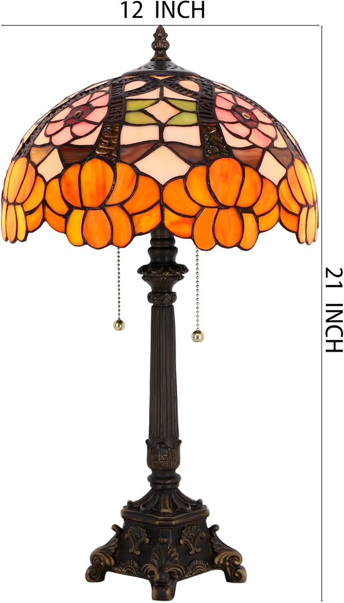 Tiffany Lamp Orange Flower Style Stained Glass Table Lamp Desk Reading Light 12X12X21 Inches with Resin Base Decor Bedroom Living Room - Bloomnest