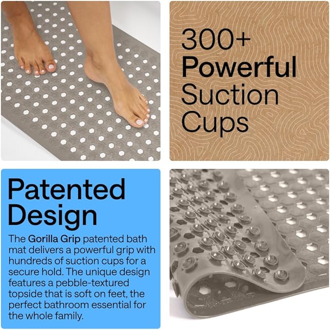 GORILLA GRIP Patented Bath Tub Shower Mat, Machine Washable Bathtub Floor Liner Mats, Suction Cups and Drain Holes to Keep Tubs Clean, Soft on Feet, Bathroom Essentials, 35x16 Inch, Beige - Bloomnest