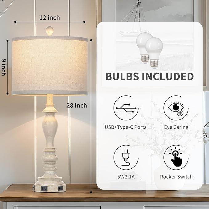 28" Table Lamps with USB C+A Ports & AC Outlets, Farmhouse Rustic Table Lamps Set of 2, Vintage End Table Nightstand Resin Bedside Lamp for Living Room Bedroom, Fabric Linen Shade Washed Antique Beige - Bloomnest