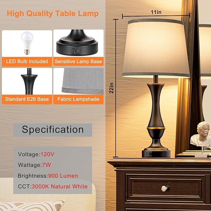 Seealle Upgraded Touch Lamps for Bedrooms Set of 2 - Nightstand Table Lamp with USB C+A, 3 Way Dimmable Lamps for Living Room(Grey) - Bloomnest