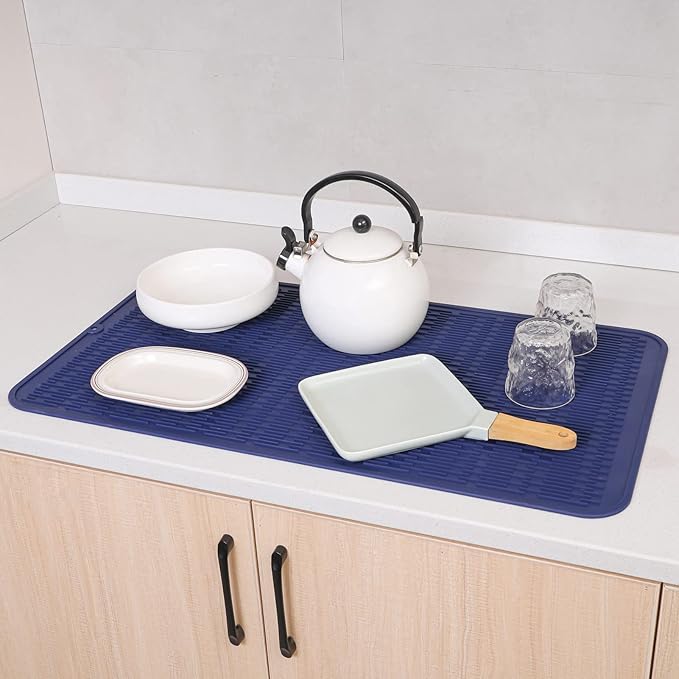 Silicone Dish Drying Mat for Multiple Usage,Easy clean,Eco-friendly,Heat-resistant Silicone Mat for Kitchen Counter or Sink,Refrigerator or Drawer Liner Navy Blue 4XL 32 inches x 18 inches - Bloomnest