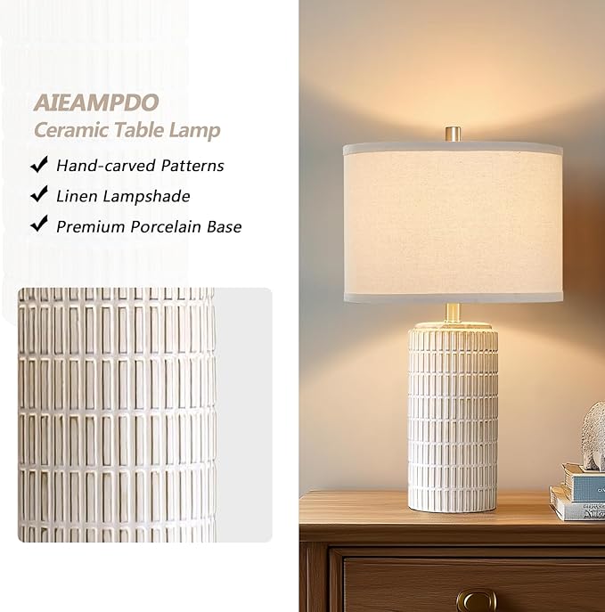 23'' Set of 2 Modern Ceramic Table Lamps for Living Room Bedroom, Nightstand Farmhouse Beige White Desk Lamp for Bedside End Table Entryway, 2 LED Bulbs Included - Bloomnest