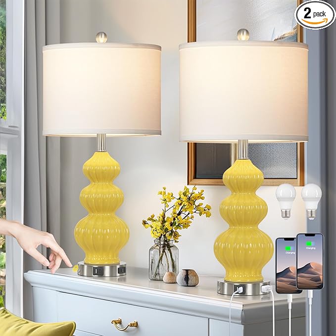 26" Set of 2 Yellow Ceramic Table Lamps with USB A+C Ports & AC Outlet, 3-Way Dimmable Gourd Bedside Nightstand Lamps with White Shade for Bedroom, Living Room, Office - Bloomnest