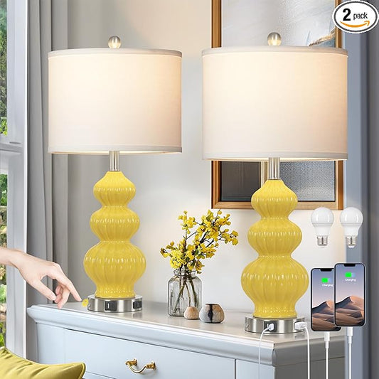 26" Set of 2 Yellow Ceramic Table Lamps with USB A+C Ports & AC Outlet, 3-Way Dimmable Gourd Bedside Nightstand Lamps with White Shade for Bedroom, Living Room, Office - Bloomnest
