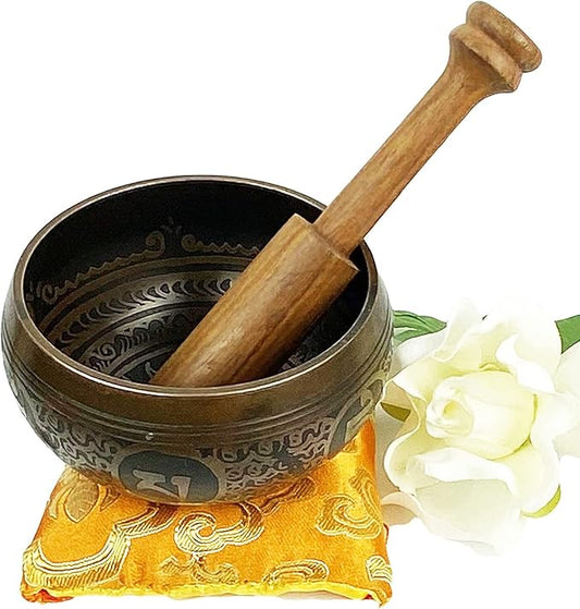 3382 SB Tibetan Auspicious Symbol Singing Bowl Set ~ Mallet Cushion Meditation Chakra Healing Prayer Yoga Mindfulness (SB-3382-F) - Bloomnest