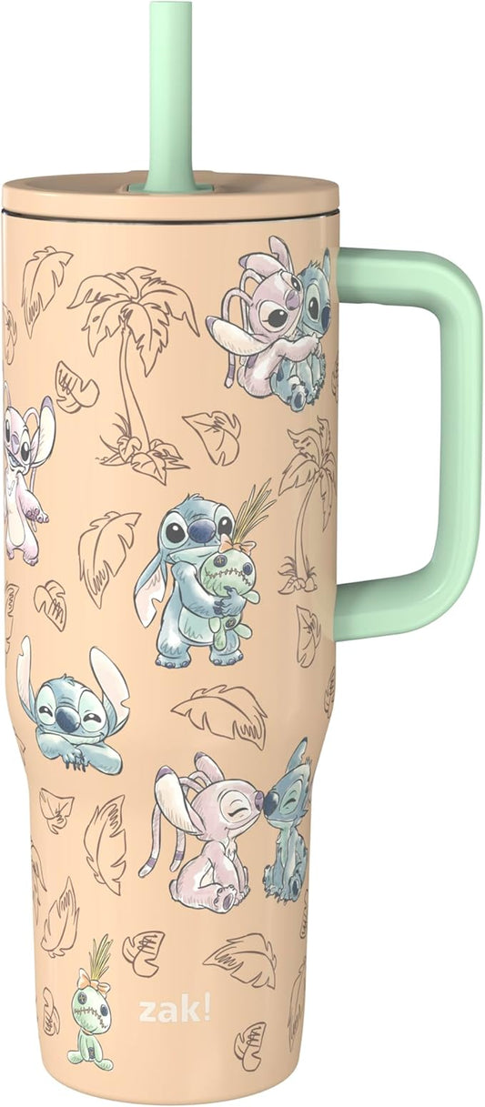 Zak Designs Disney Sutton Travel Tumbler for On the Go, 30oz Stainless Steel with Vacuum Insulation, Silicone Straw, and Carry Handle for Cold Drinks (Stitch, Angel) - Bloomnest