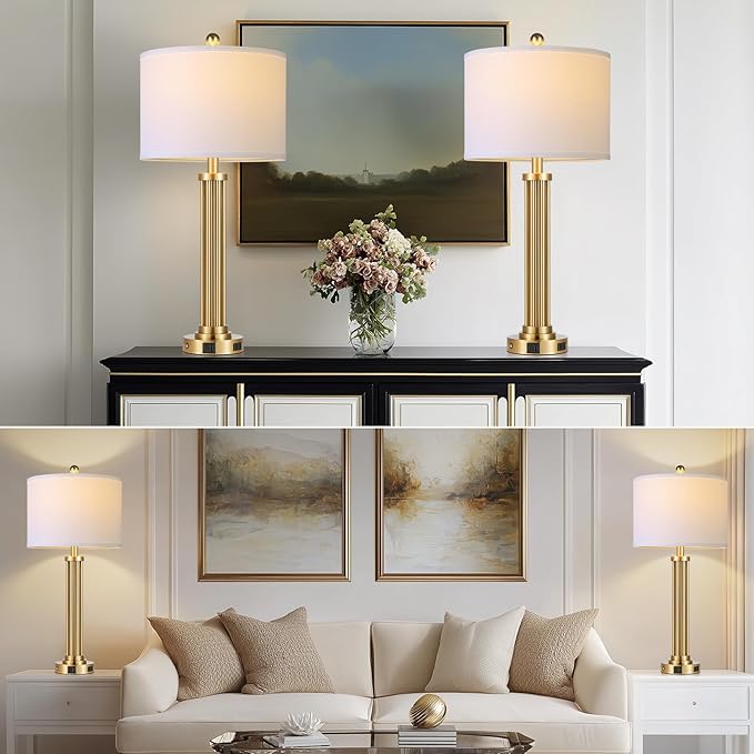 28" Tall Modern Table Lamps Set of 2 with USB C+A Ports and AC Outlet, 3 Way Touch Metal Bedside Lamps for Living Room, Gold Nightstand Lamps for Bedroom - Bloomnest