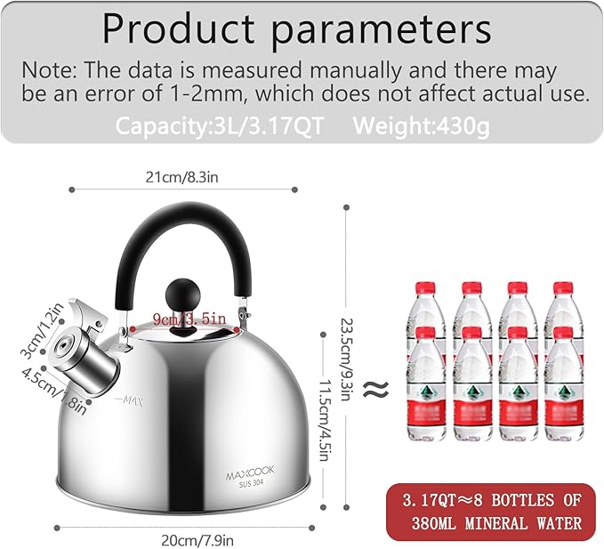 304 Stainless Steel Whistling Tea Kettle 3.17 Quart/3L Tea Pot, Suitable to Boiling Water & Tea on Induction Stove, Gas Stove Top - Bloomnest