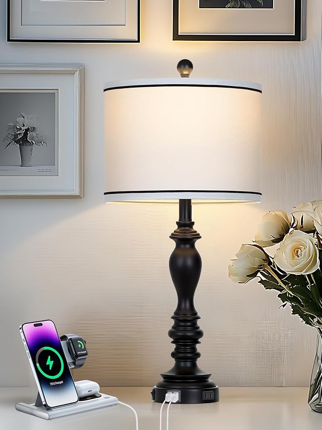 28" Set of 2 Farmhouse Table Lamps for Living room, Bedside Lamp with USB C+A Ports & AC Outlets, Black Vintage End Table Lamps for Bedrooms, Nightstand Lamps Fabric Shades Rustic 2 LED Bulbs Included - Bloomnest