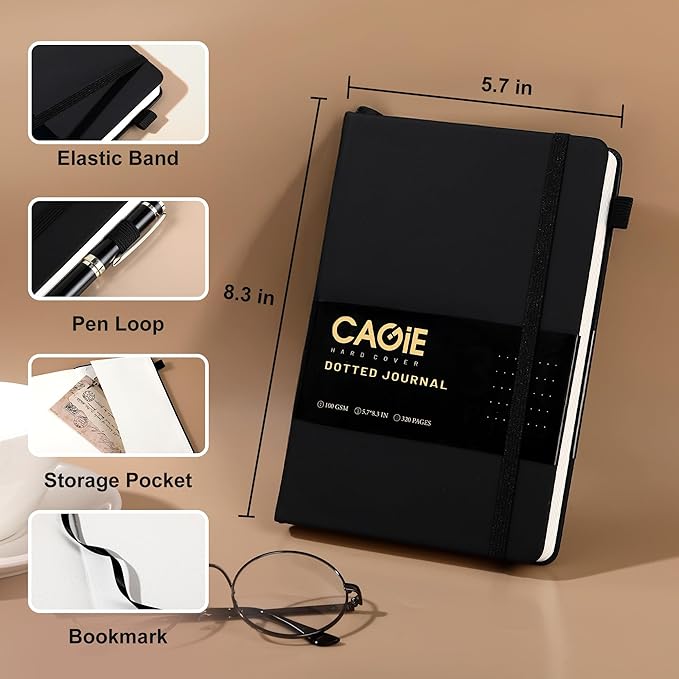 CAGIE Bullet Dotted Journal Notebook 320 Pages 100 GSM Paper Hardcover B5 Dot Grid Notebook Leather Journals for Writing Women Men Work Journaling, Black - Bloomnest