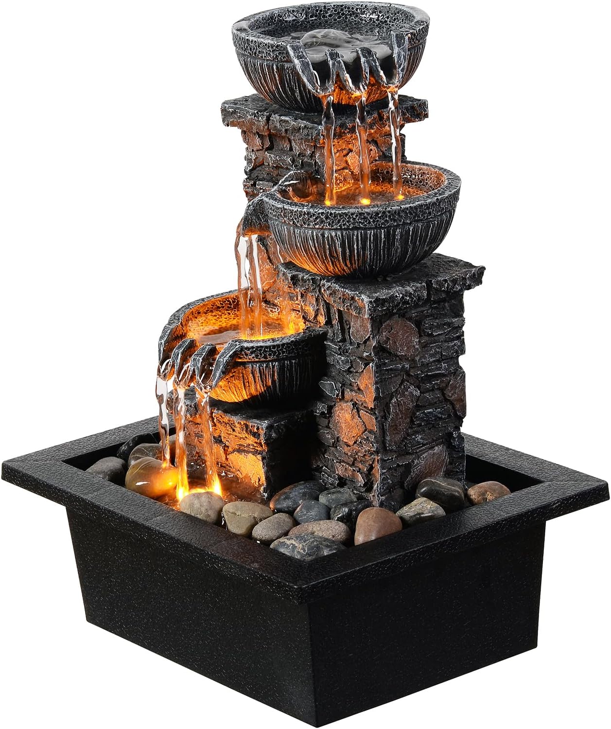 Kalona Tabletop Fountain 3 Bowls with LED Light Soothing Water Flowing Sound Fountain Zen/Meditation Home/Office Decor Home Décor Relaxation Indoor (23113)