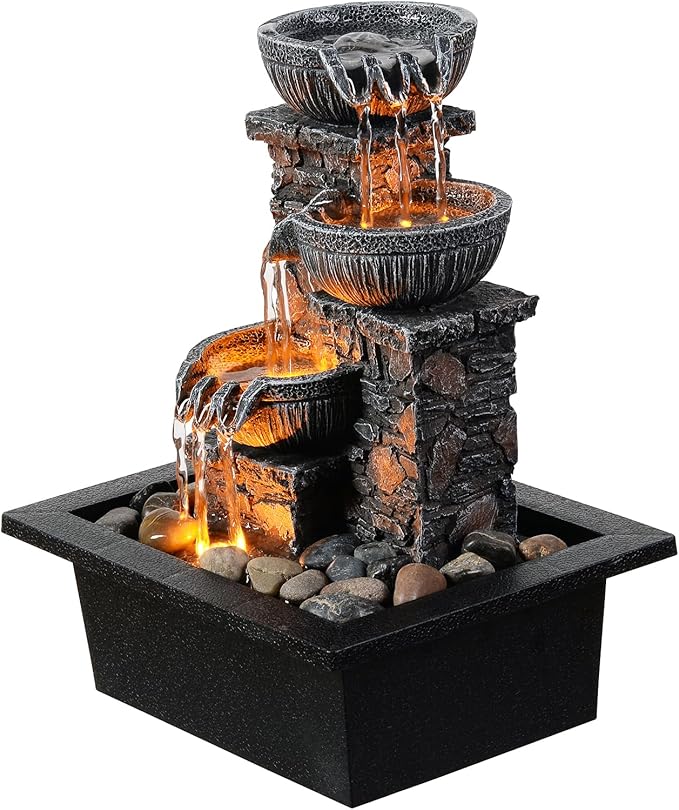 Kalona Tabletop Fountain 3 Bowls with LED Light Soothing Water Flowing Sound Fountain Zen/Meditation Home/Office Decor Home Décor Relaxation Indoor (23113) - Bloomnest