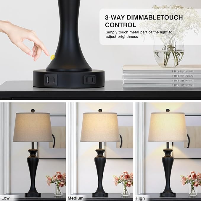 30 Inch Black Table Lamp Single, 3-Way Dimmable Touch Control Living Room Lamps with USB A+C Ports and AC Outlet, Tall Bedside Lamps for Nightstand, Modern Metal Bedroom Lamp, Bulb Included - Bloomnest
