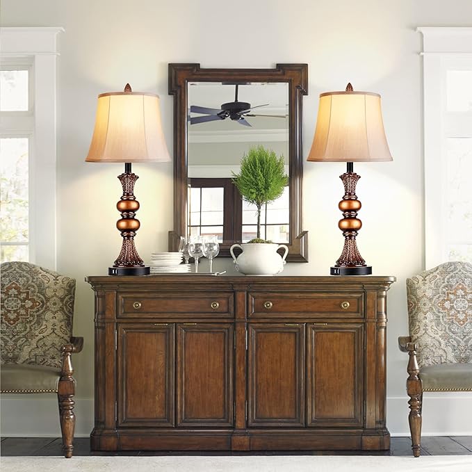 Set of 2 Touch Control Traditional Table Lamp, 27" H Bedside Lamps with 2 USB Charging Ports, 3-Way Dimmable Bronze Finish Large Nightstand Lamps with Bell Faux Silk Shade for Living Room, Bedroom - Bloomnest