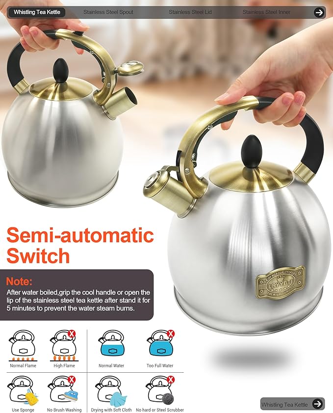 Stove top Whistling Tea Kettle Food Grade Stainless Steel Teapot of 5-layer base for Camping & Kitchen(Brushed, 2.64 Qt) - Bloomnest