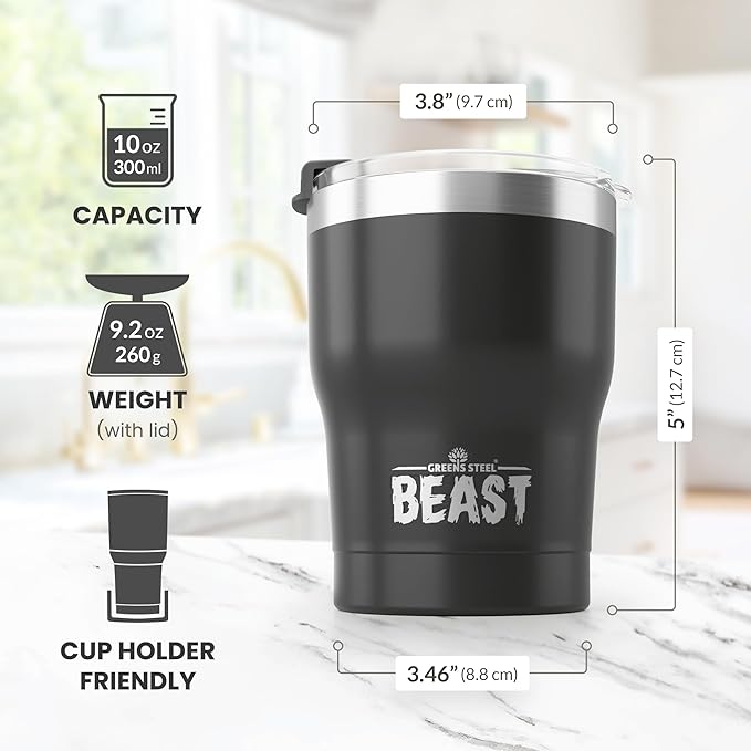 Beast 10 oz Tumbler Stainless Steel Vacuum Insulated Coffee Ice Cup Double Wall Travel Flask (Matte Black) - Bloomnest