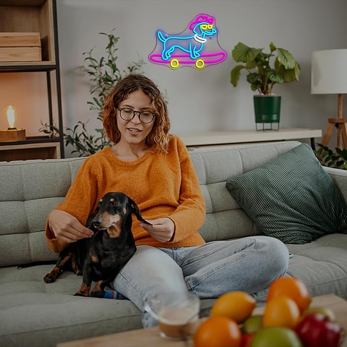 Lucunstar Dachshund Neon Sign Skateboard Dog Neon Light up Sign USB Adjustable Neon Lights Art Wall Decor LED Sign for Bedroom Shop Pet Lovers Gift - Bloomnest