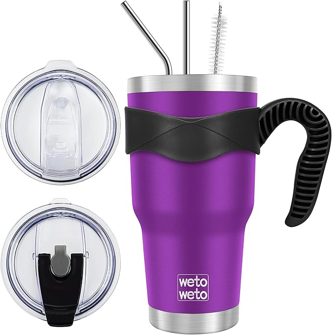 WETOWETO 30 oz Tumbler with 2 Lids and 2 Straws,18/8 Stainless Steel Vacuum Insulated Coffee Tumbler,Insulated Travel Mug Water Cup with Leak-Proof Straw Lid & Flip Lid (Purple, 1 Pack) - Bloomnest